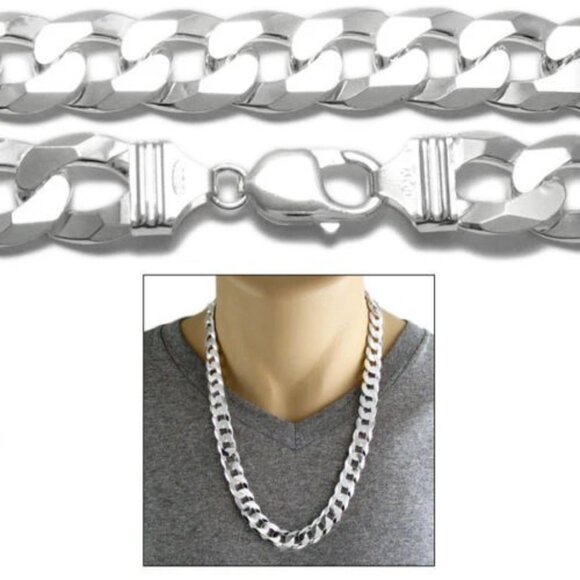 STERLING SILVER CUBAN CURB FLAT CHAIN NECKLACE 14MM (GAUGE 350). - Picture 1 of 2